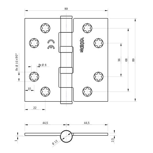 Noxxa kogellagerscharnier - messing gepolijst - 89x89x2,5mm - rechte hoek - platkop product photo https://media.isero.nl/Isero-IseroNL-Site/images/L/205782_5.jpg L
