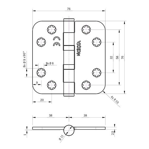Noxxa kogellagerscharnier - staal gegalvaniseerd - 76x76x2,5mm - ronde hoek - platkop product photo https://media.isero.nl/Isero-IseroNL-Site/images/L/233212_5.jpg L