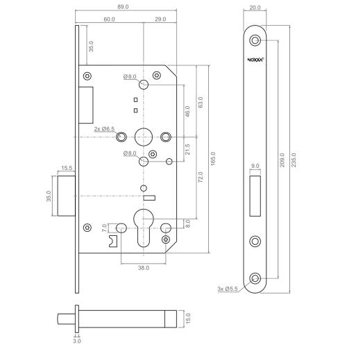 NOXXA cilinderkastslot - afgeronde rvs voorplaat 235x20mm - PC - doornmaat 60mm - DIN links/rechts product photo https://media.isero.nl/Isero-IseroNL-Site/images/L/2453500_5.jpg L