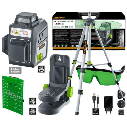 Kruislijnlaser groen 2 lijnen 360° set PocketPlane-Laser 3G Set 150 cm product photo https://media.isero.nl/Isero-IseroNL-Site/images/L/2551313_1.jpg L