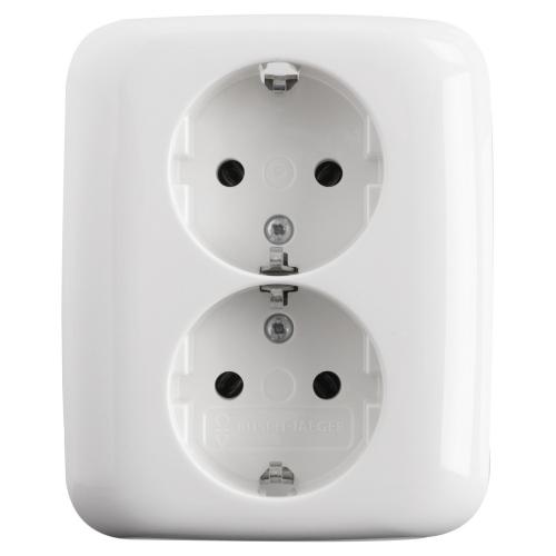 ABB Busch-Jaeger wandcontactdoos inbouw 2 voudig met randaarde alpin wit serie Reflex Si Ral 9010 duurzaam doosje product photo