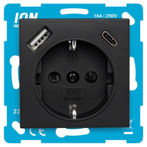 Ion wandcontactdoos inbouw 1 voudig m/ra Usb mat zwart V1,J1 serie 10.300.414 in Dsje Usb A+C+AB product photo