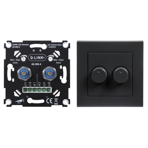 Q-Link dimmer inbouw v/alle dimbare lichtbronnen + afdekplaat zwart 2-200w Led druk wissel dubbel Zwart product photo