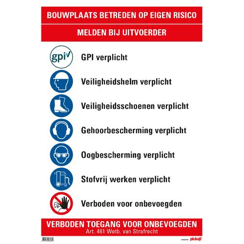 Bouwplaatsbord PP 3 kleuren opdruk staand 500x700x1.3mm pictogrammen en tekst incl. Gpi product photo