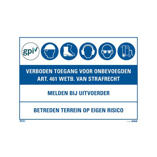 Bouwplaatsbord PP blauwe opdruk liggend 700x500x1.3mm pictogrammen incl. Gpi product photo