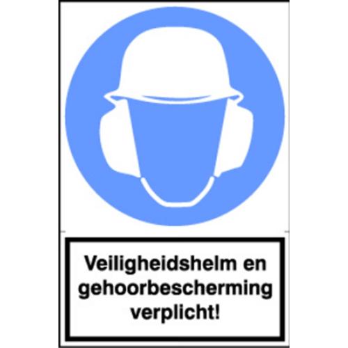 Pictogram helm en gehoorbescherming verplicht PVC zelfklevend rechthoek 200x300mm product photo